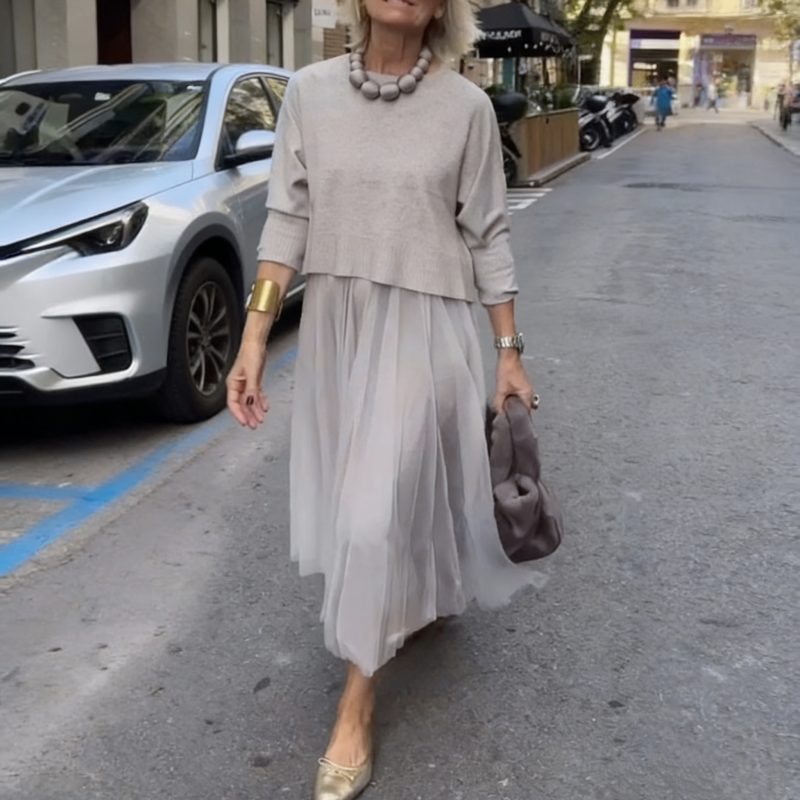 Dvoudílný módní komplet pro ženy: pletený top s dlouhými rukávy a šaty bez rukávS