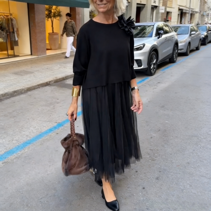 Dvoudílný módní komplet pro ženy: pletený top s dlouhými rukávy a šaty bez rukávS