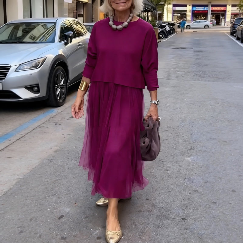 Dvoudílný módní komplet pro ženy: pletený top s dlouhými rukávy a šaty bez rukávS